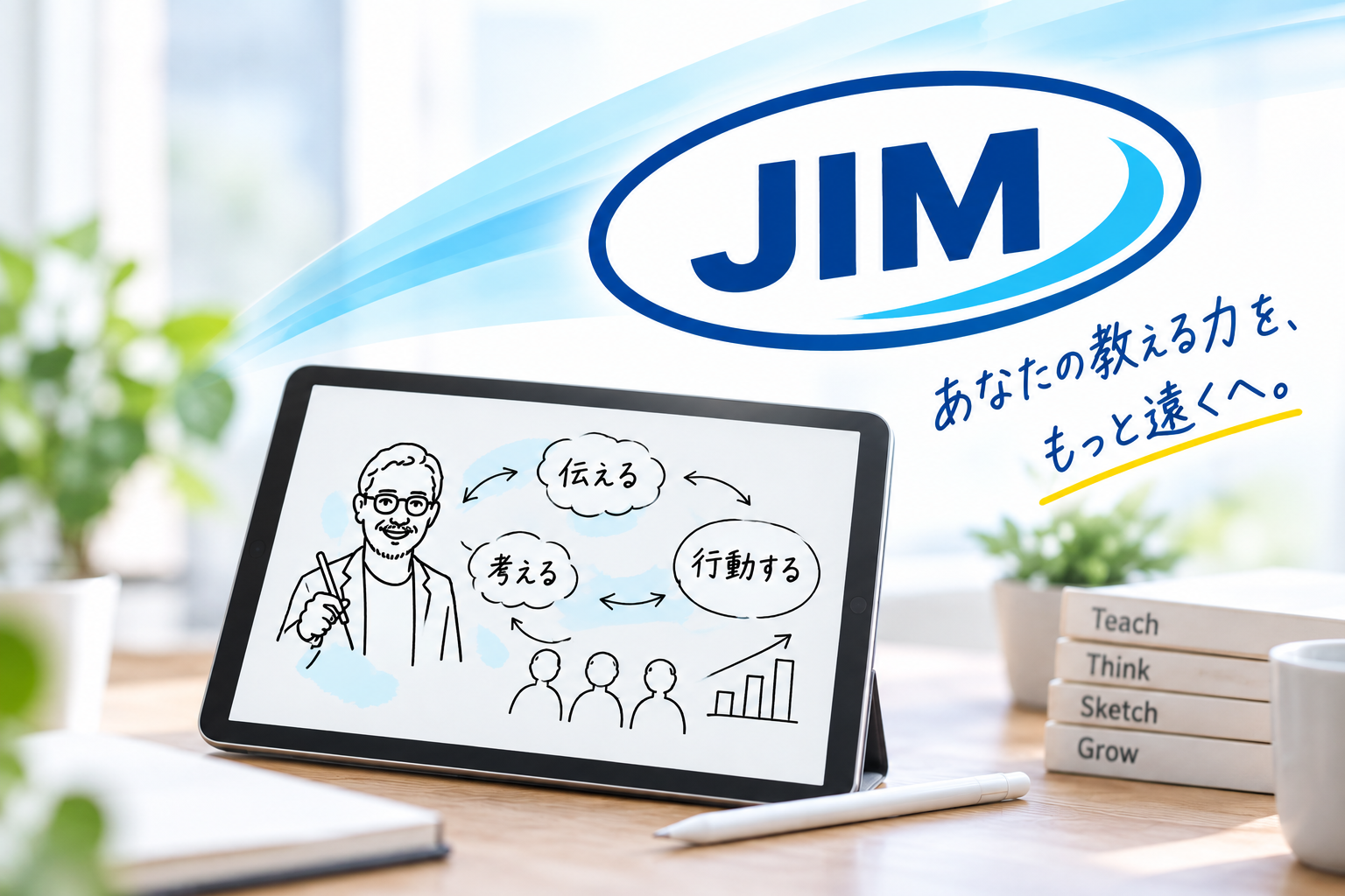 タブレットに描かれた思考ライブスケッチとJIMロゴ、「あなたの教える力を、もっと遠くへ。」のメッセージ